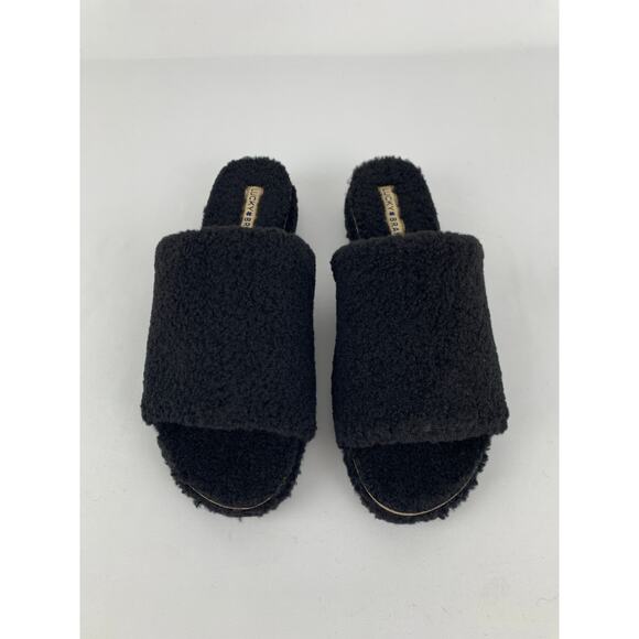 Lucky Brand Gadini Faux Fur Open Toe Fleece Slippers Womens 11M Black Shearling - Picture 2 of 9